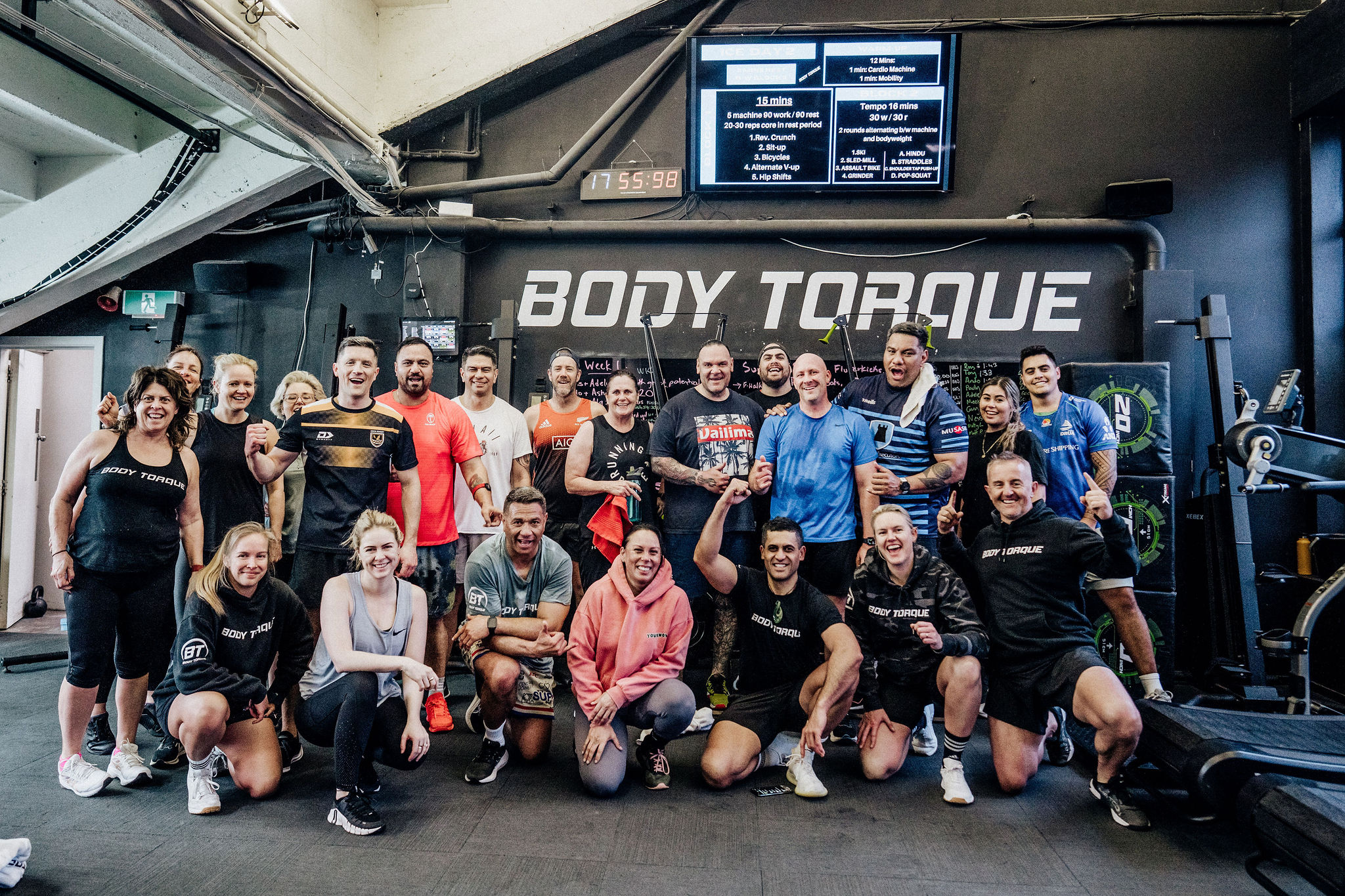 Group of around 25 Body Torque members after a workout at Body Torque Gym in Newmarket, Auckland
