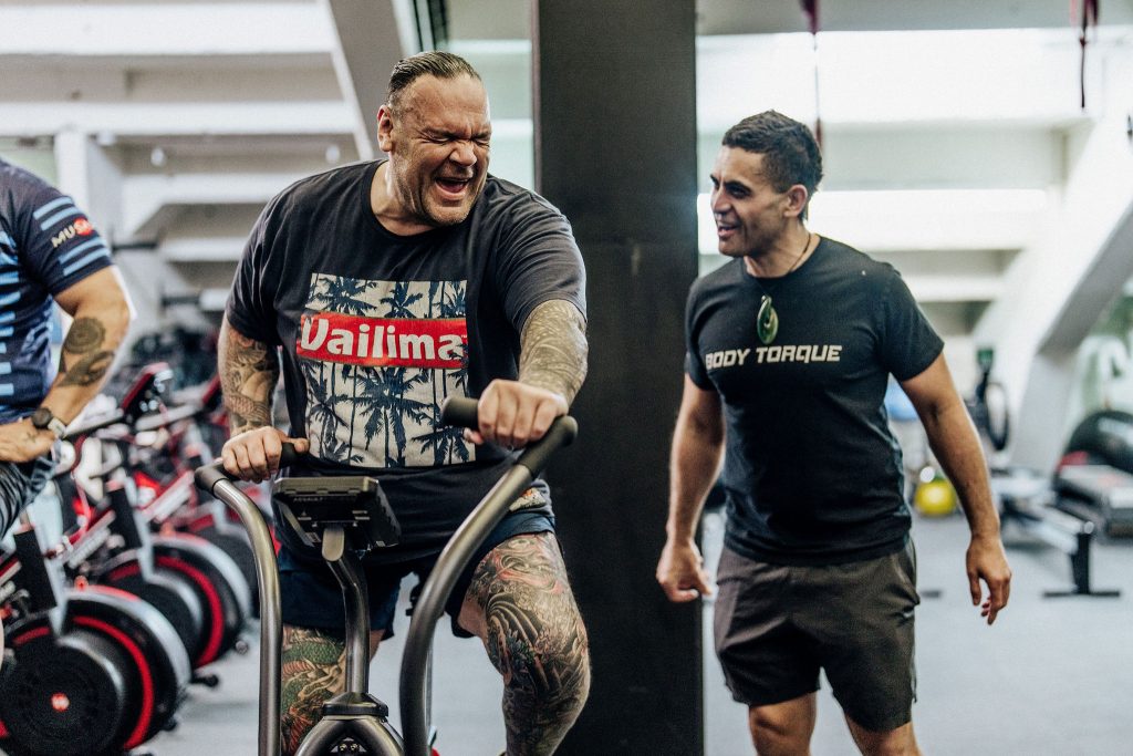 Personal trainer Phil Chapman coaching a Body Torque Gym member during a cardio workout in Newmarket, Auckland.