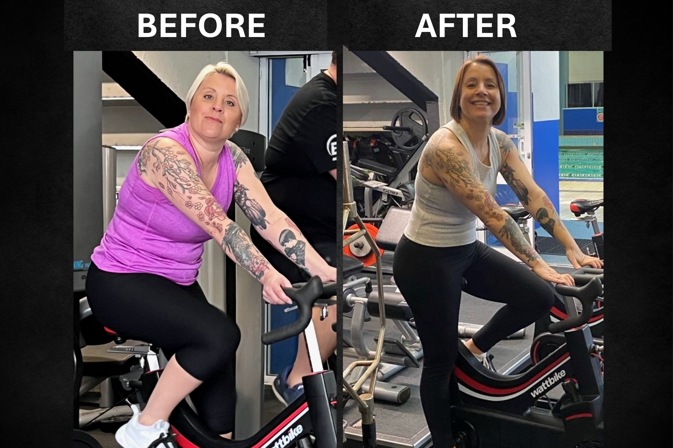 Ruth's before and after photo shows how her body changed through doing strength and cardio training at Body Torque Gym Auckland.