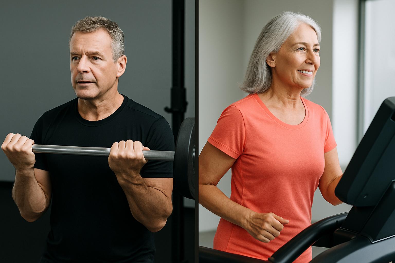 Midlife man and woman in activewear exercising, representing the benefits of both strength and cardio training for people over 40.