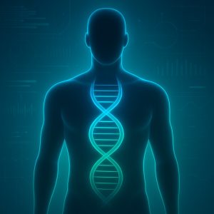 Digital illustration of a glowing DNA helix inside a gender-neutral human silhouette, representing genetic health analysis.