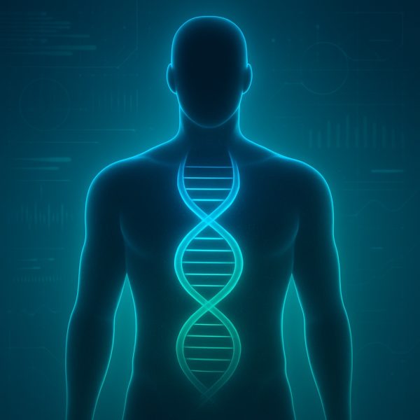 Digital illustration of a glowing DNA helix inside a gender-neutral human silhouette, representing genetic health analysis.