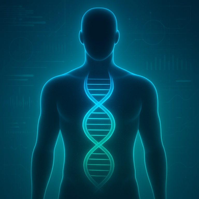 Digital illustration of a glowing DNA helix inside a gender-neutral human silhouette, representing genetic health analysis.
