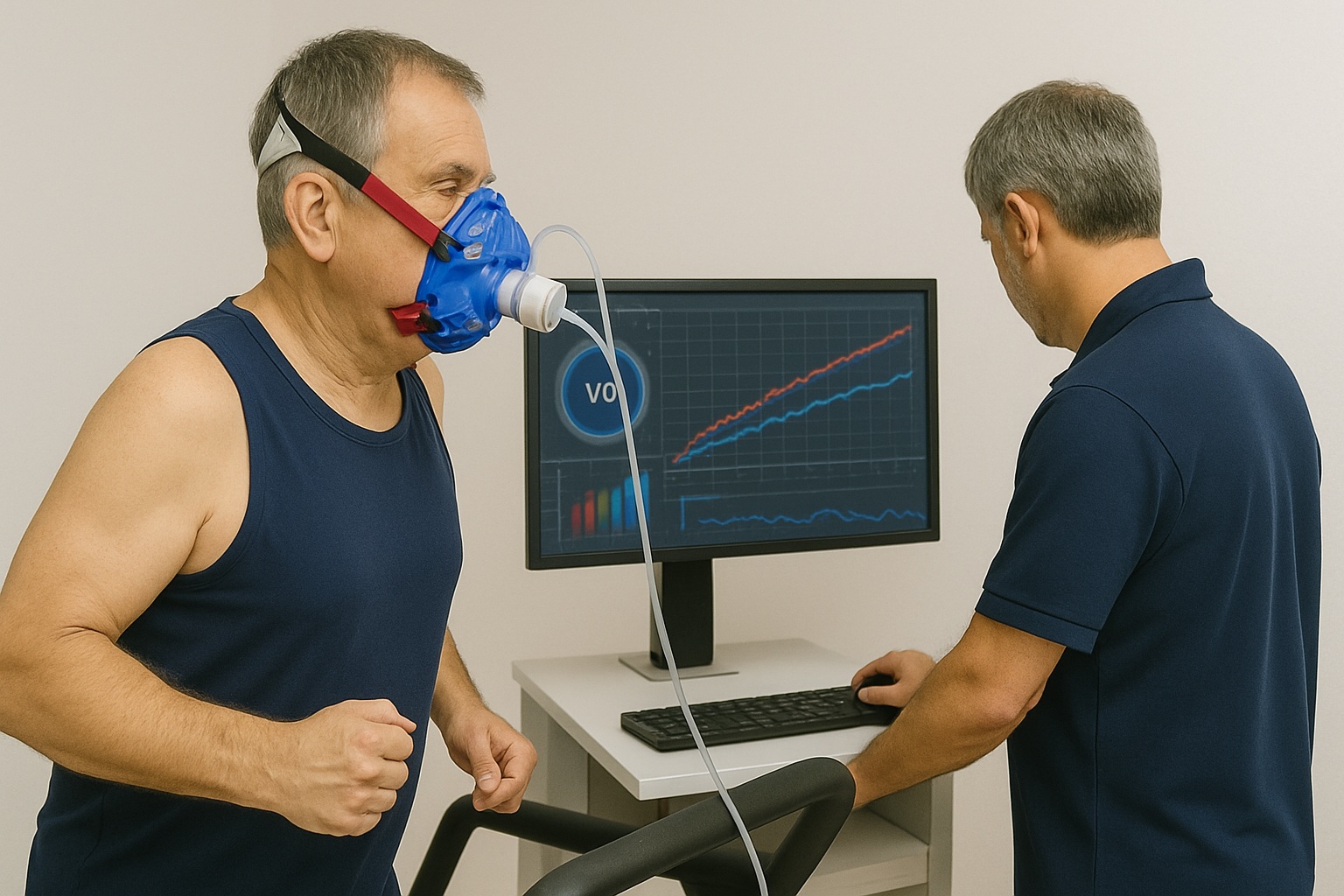 Middle-aged man wearing a metabolic assessment mask at Body Torque Gym in Newmarket, with assessor reviewing results on a computer.