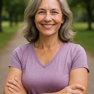 Midlife woman smiling with arms crossed outdoors, promoting Body Torque’s 6-week strength training programme for thriving through menopause.