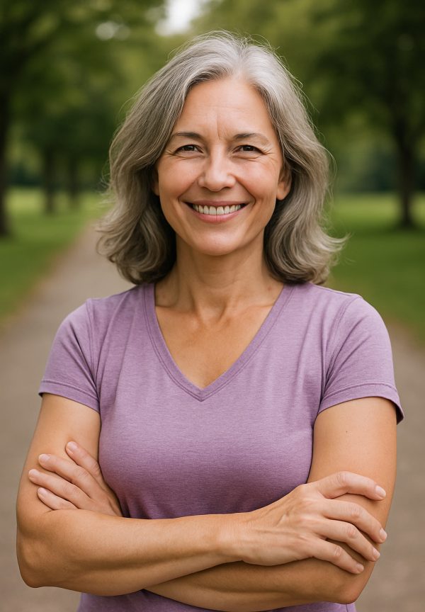 Midlife woman smiling with arms crossed outdoors, promoting Body Torque’s 6-week strength training programme for thriving through menopause.