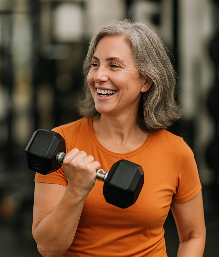 Middle-aged woman doing a dumbbell bicep curl in a gym, smiling confidently, representing strength training during menopause.
