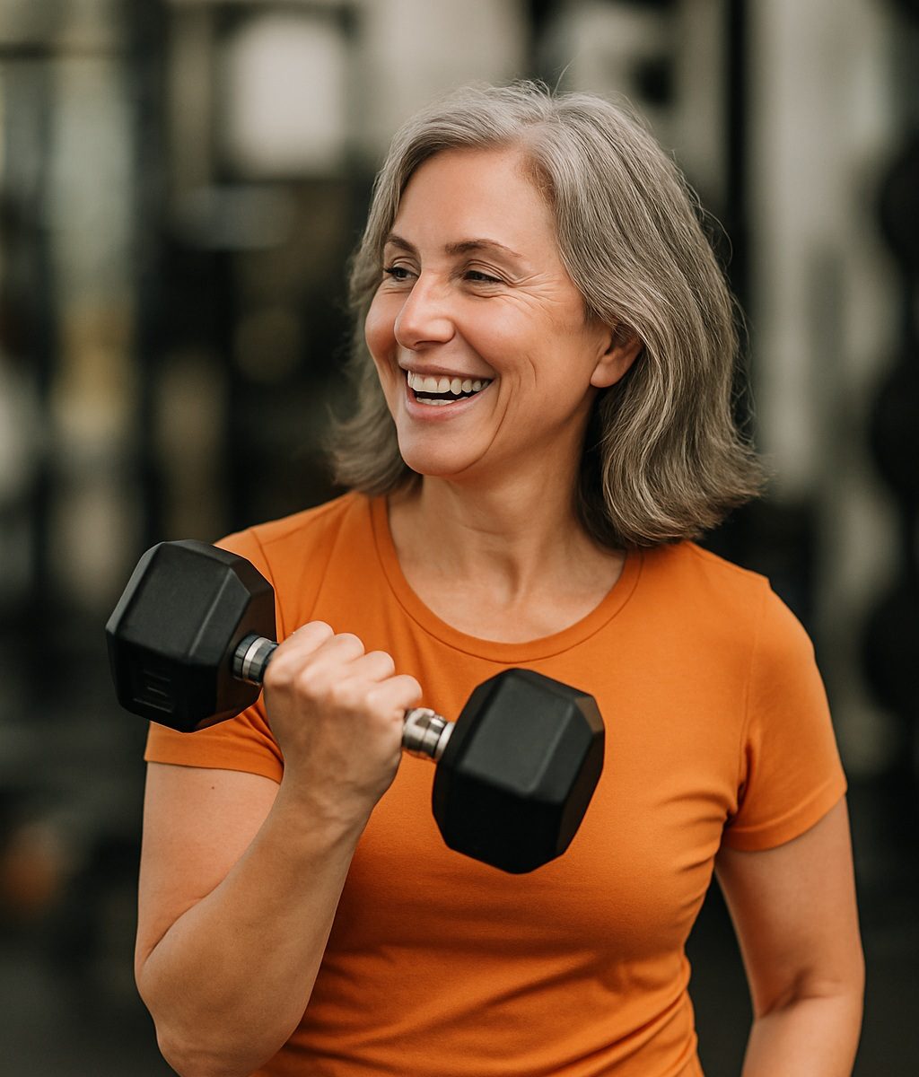 Middle-aged woman doing a dumbbell bicep curl in a gym, smiling confidently, representing strength training during menopause.