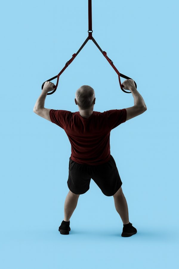 Middle-aged man in activewear performing Alex Flint suspension trainer exercise against a light blue background.