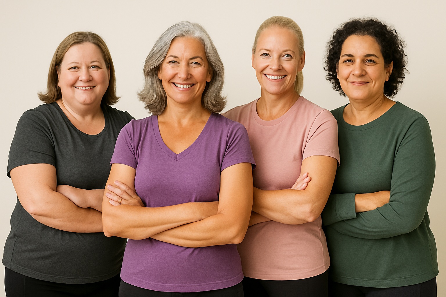 Four women over 40 in activewear smiling confidently, representing menopause strength training, fitness, and healthy aging.