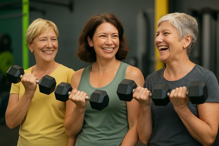 Three smiling women over 40 lifting dumbbells together to pose for the picture in a gym, symbolising the friendship and connection you get at Body Torque Gym Newmarket.