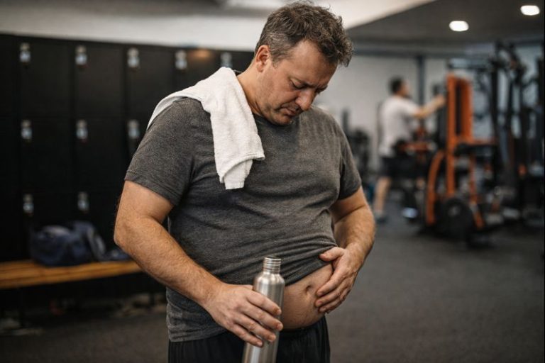 Man over 40 at a gym looking down at his stomach, holding a water bottle and reflecting on fitness and weight gain.