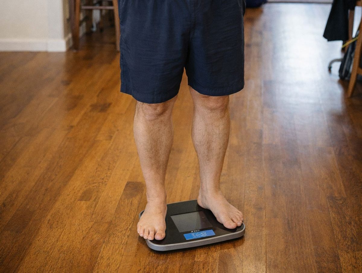 Man over 40 standing on scales at home checking his weight and reflecting on his health.